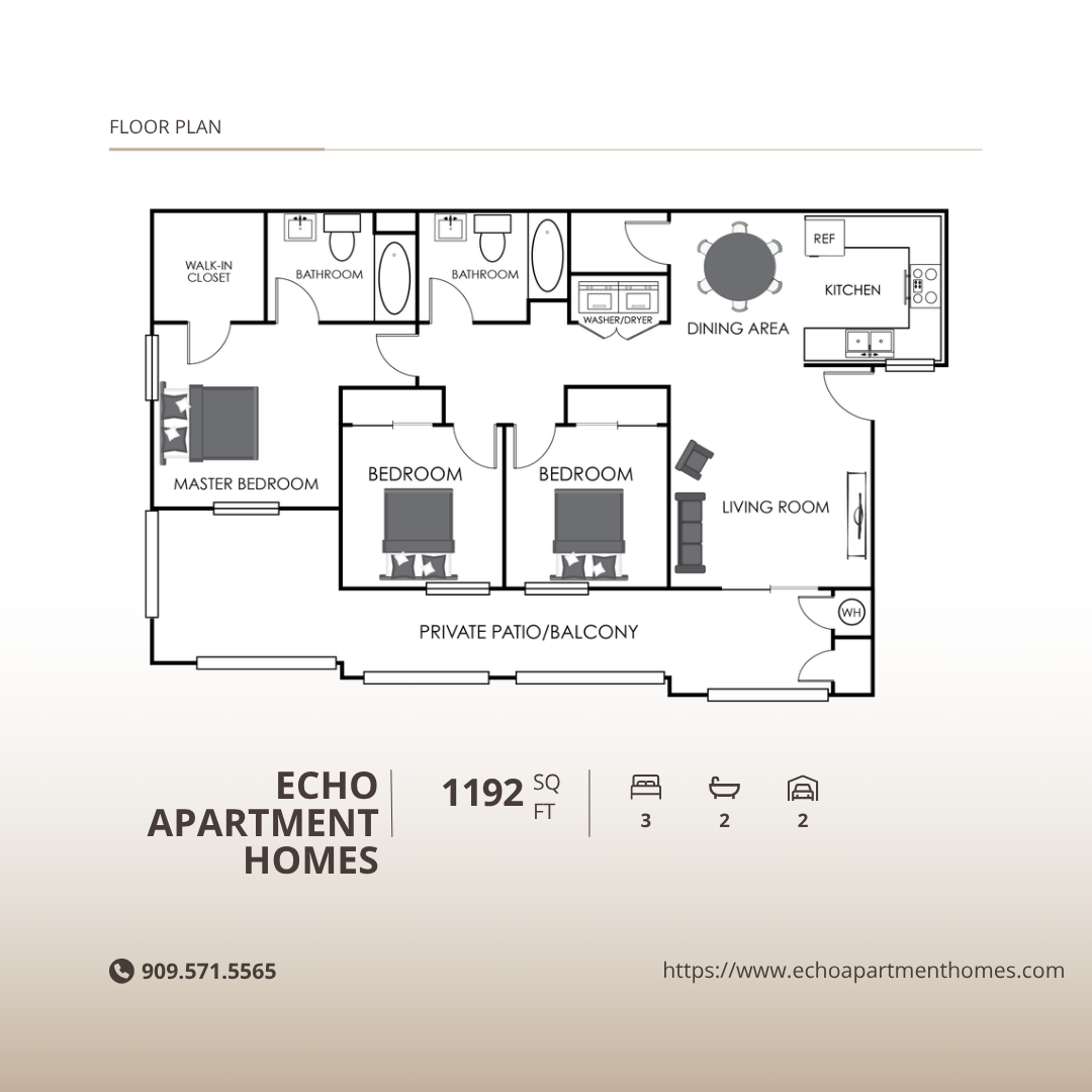 Floor plan for 3 beds, 2 baths, 1192 sqft